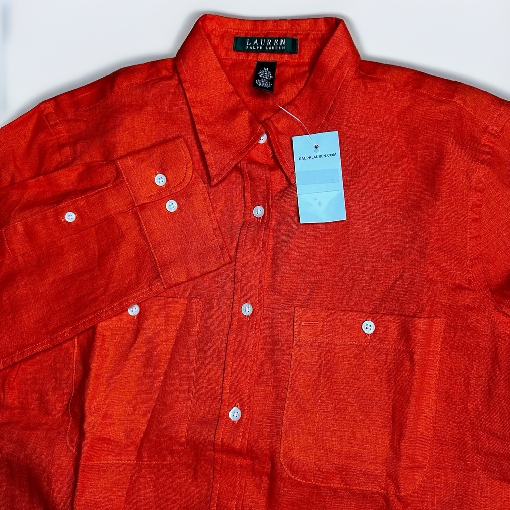 Lauren Ralph Button Up Shirt Womens Medium Phoenix Orange 100% Linen Roll Tab
